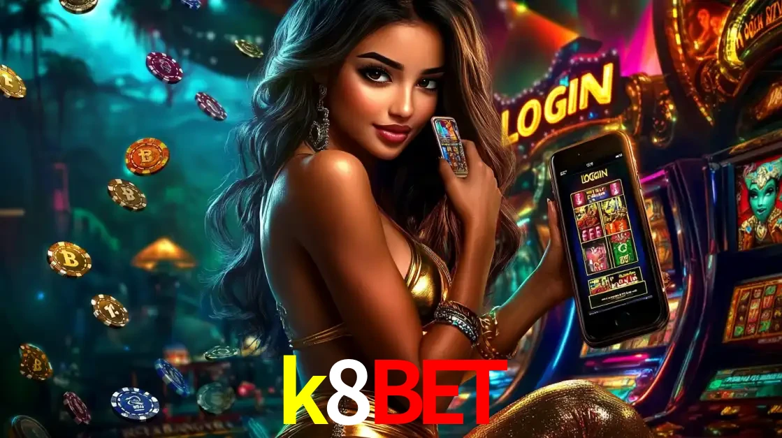 Mulher em um cenário de cassino temático de aventura, mostrando o app de caça-níqueis da k8bet no celular. Fichas de apostas flutuam ao redor.