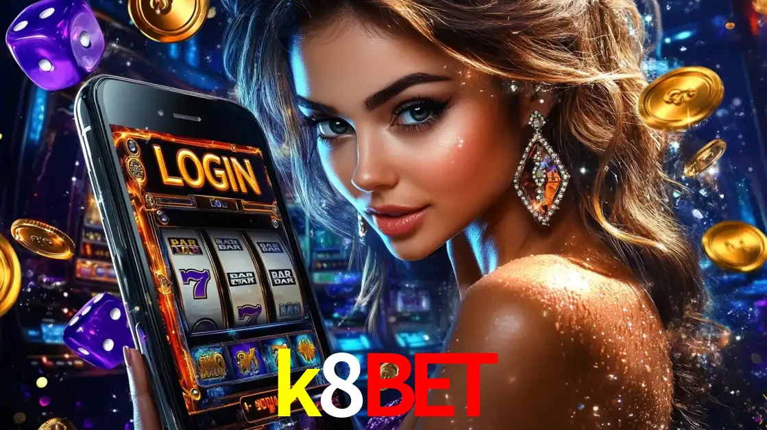Mulher glamorosa segurando um smartphone com a tela de login para os jogos de caça-níqueis do cassino online k8bet, com moedas de ouro e dados ao redor.