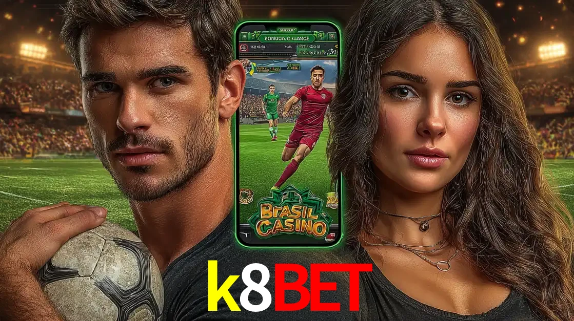 Homem segurando uma bola de futebol e uma mulher ao lado de um smartphone exibindo o jogo de apostas esportivas da k8bet. Faça seu palpite no cassino online.